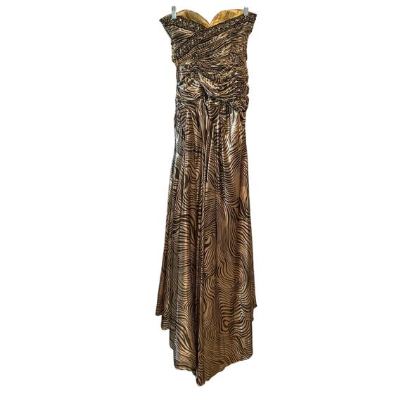 Mac Duggal Couture Metallic Gold Lame Abstract Animal Print Evening Gown Size 2 - Picture 2 of 12
